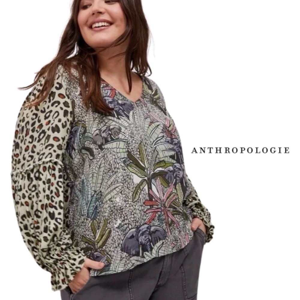 Anthropologie Bl-nk London Sibley V-Neck Top Jungle Elephant Leopard Print XS
